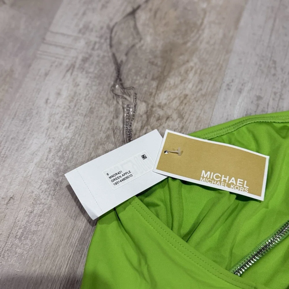 Michael Kors Zip Front One Shoulder One‎ Piece Swimsuit Green Apple Size 6 NWT